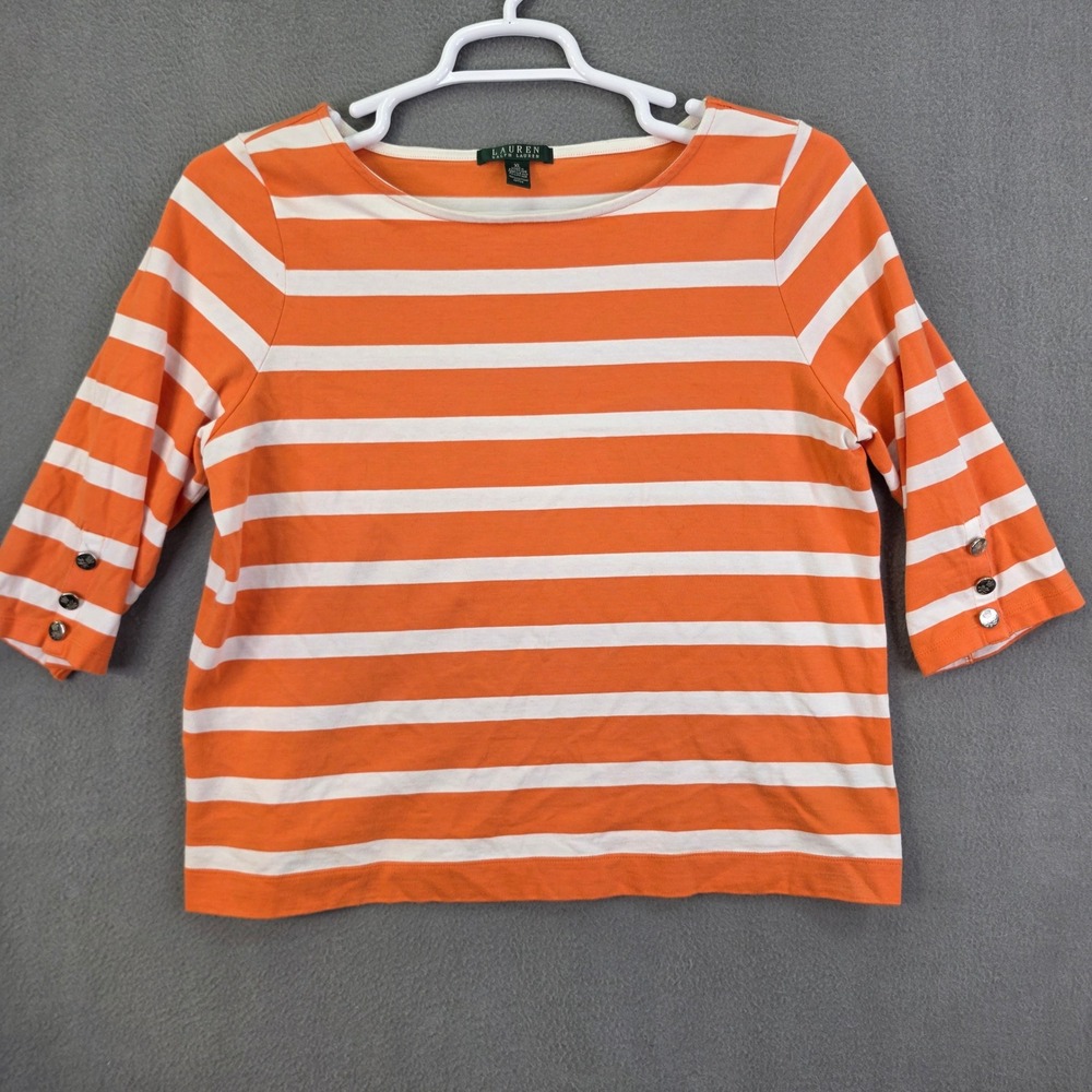 Lauren Ralph Lauren Top XL Orange White Striped 3/4 Sleeve Button Cuff Cotton